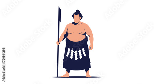 Stylized Illustration of a Sumo Wrestler with Spear, Emphasizing Traditional Japanese Culture and Martial Arts. Suitable for cultural presentations, educational materials, or graphic design projects.