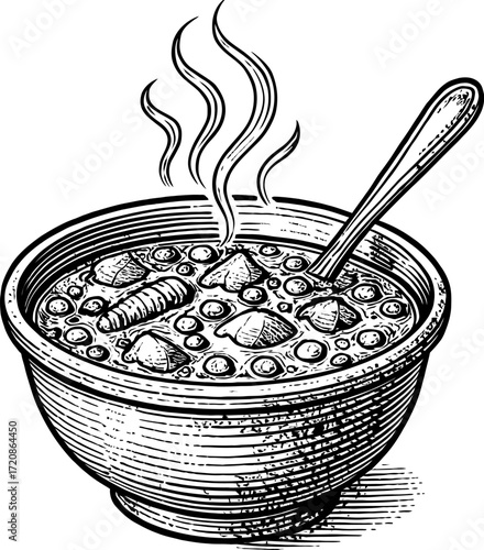 A black and white illustration of a steaming bowl of soup with a spoon, capturing a vintage and rustic culinary aesthetic.