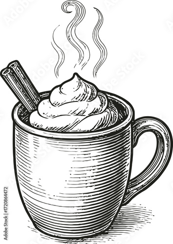 Black and white drawing of a steaming mug with a cinnamon stick. The illustration has a rustic, vintage feel and includes detailed line work.