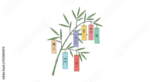 Tanabata Festival Illustration with Bamboo and Colorful Tanzaku Wishes, Ideal for Japanese Culture, Traditions, and Seasonal Celebrations