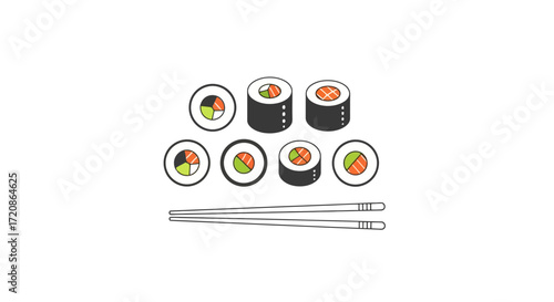 Minimalist Sushi Illustration Featuring Maki Rolls and Chopsticks on a Clean White Background for Culinary and Food Design Projects