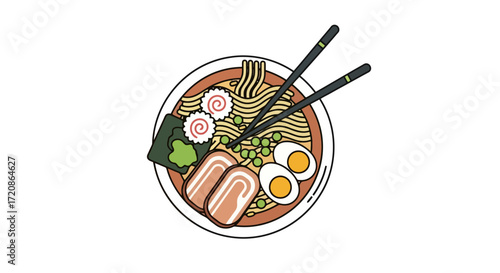 Delicious Ramen Bowl Illustration with Traditional Toppings for Restaurant Menus, Food Blogs, and Asian Cuisine Promotions