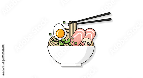 Detailed Ramen Bowl Illustration with Toppings and Chopsticks for Japanese Cuisine and Restaurant Menu Design or food blog visuals.