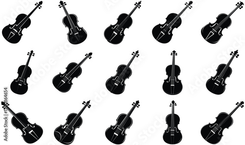 Diverse Set of Black and White Violin Silhouettes in Various Poses music instrument