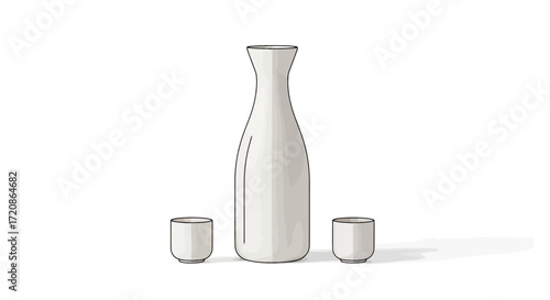 Elegant Sake Set Illustration with Bottle and Cups on White Background, Suitable for Japanese Culture, Food and Beverage, and Restaurant Promotion