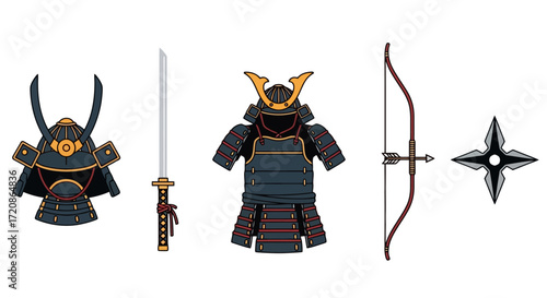 Traditional Japanese Samurai Armor and Weaponry Illustration for Historical Education and Cultural Representation, ideal for educational resources and cultural projects.