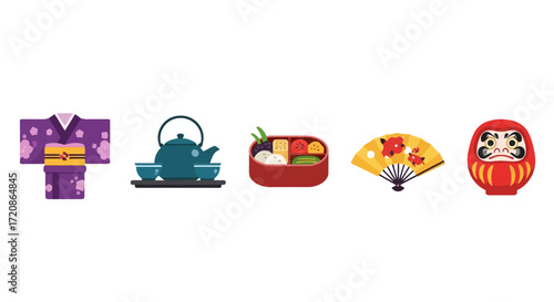 Japanese Cultural Elements Illustration Set for Travel Guides, Educational Materials, and Design Projects Promoting Japanese Traditions
