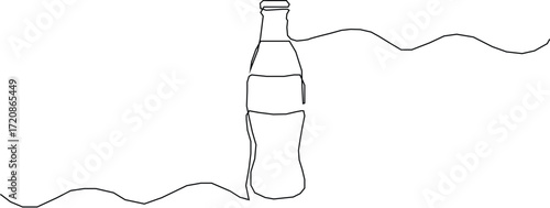 Single continuous line drawing of stylized soft drink on glass bottle logo label.
