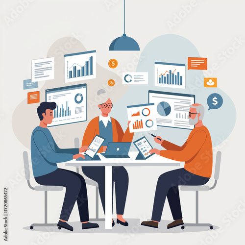 Vector Illustration of Business Meeting with Data Charts and Graphs in Modern Flat Style in Blue Orange Colors