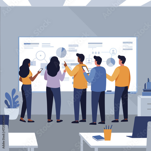 Vector Illustration of Business Team Analyzing Data on Large Screen in Modern Office Style with Flat Design Elements