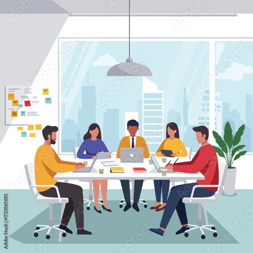 Modern Vector Illustration of Business Meeting with Diverse People in Conference Room in Flat Style