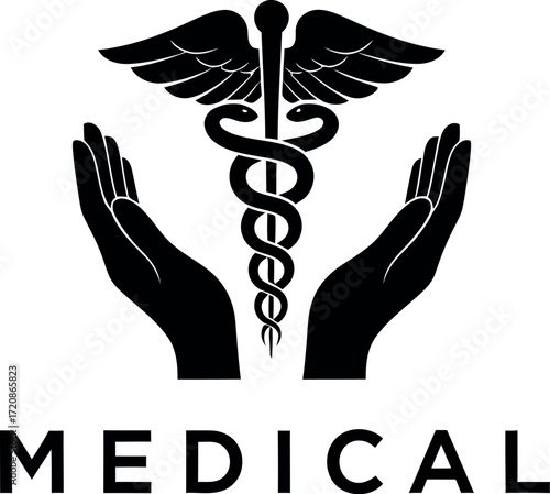 Caring hands cradle the caduceus symbol of medicine, representing healthcare and healing.