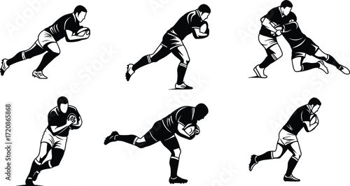 Rugby player silhouette vector, sports action illustration, athlete running with ball, rugby tackle, professional game, competitive match, training, fitness performance design
