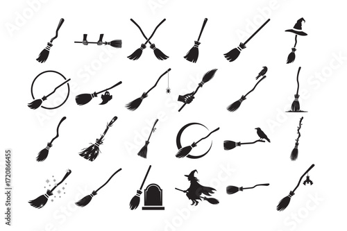 24 bundle Broomstick Silhouette  vector for Halloween.