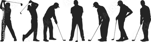 Golf player silhouettes, male golfer in various poses, golf swing sequence, sports action, golf club, outdoor activity, leisure sport, athletic movement