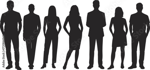 Group of diverse business people standing in silhouette, professional team, office colleagues, confident men and women, teamwork, corporate unity