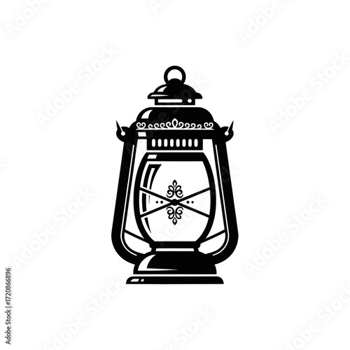 Vintage style black and white illustration of a kerosene lamp.