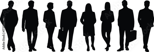 Group of business professionals, men and women in formal attire, walking and standing, confident poses, teamwork, leadership, corporate environment, success, communication