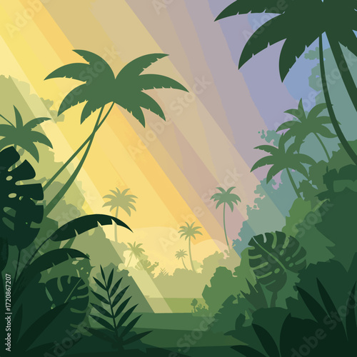 Vector Background Jungle Landscape with Palm Trees in Modern Organic Style Featuring Gradient Colors