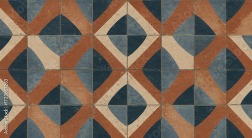 Seamless repeating pattern of vintage encaustic cement tiles, geometric design in terracotta, navy blue and cream colors, slightly worn and distressed surface, top-down view