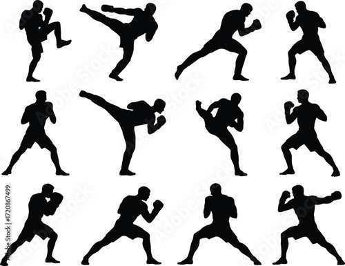 Martial arts fighter silhouette vector, boxing and kickboxing poses, strong man training, action stance, combat sports clipart, isolated.