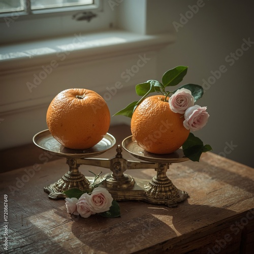 Rustic Still Life with Citrus Fruits and Vintage Floral Arrangement