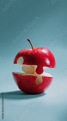 A creatively sliced red apple with puzzle-like sections, showcasing a blend of art and food aesthetics against a soft blue background.