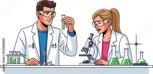 Male and female scientists conducting laboratory experiment, chemical analysis, microscope research, science education, teamwork innovation, biotechnology study, chemistry discovery