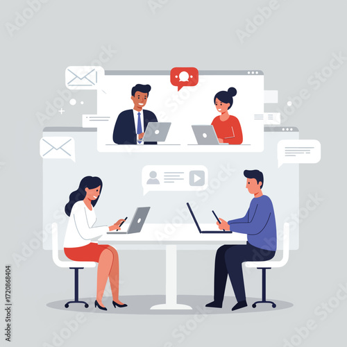 Vector Illustration of Business Meeting with Laptops and Video Conference in Modern Flat Style with Neutral Colors