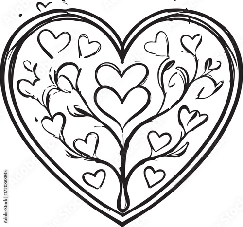 Minimal floral heart tree line art vector illustration, decorative black outline love design on white