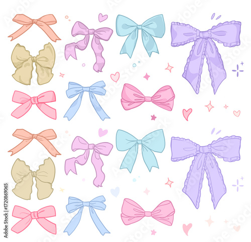 ゆめかわポップなカラフルリボンイラストセット素材  影付きと影なし｜リボン,リボンセット,飾り,装飾