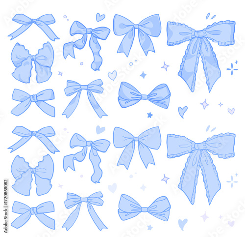 かわいいゆめかわ青色リボンイラストセット素材  影付きと影なし｜リボン,リボンセット,飾り,装飾
