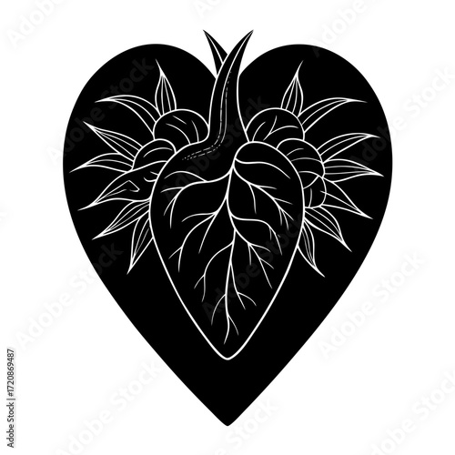 Vector art of an anatomical heart shape rendered in a stylized, graphic black and white design, with botanical elements like leaves and vines emerging from its core, isolated on a