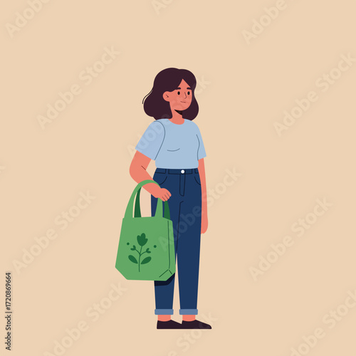 Vector Illustration of Woman Holding Eco Friendly Tote Bag in Minimalist Style with Flat Design and Earth Tone Colors for Environmental Campaigns