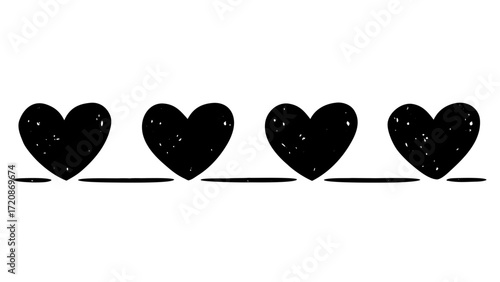 Vector art of four black hearts with a rough texture, aligned horizontally and isolated on a, symbolizing love and affection in a simple, graphic style