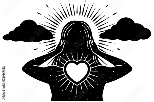 Vector art of silhouette of a person with a glowing heart in their chest and radiating light, surrounded by clouds, symbolizing inner strength, enlightenment, and spiritual awakening