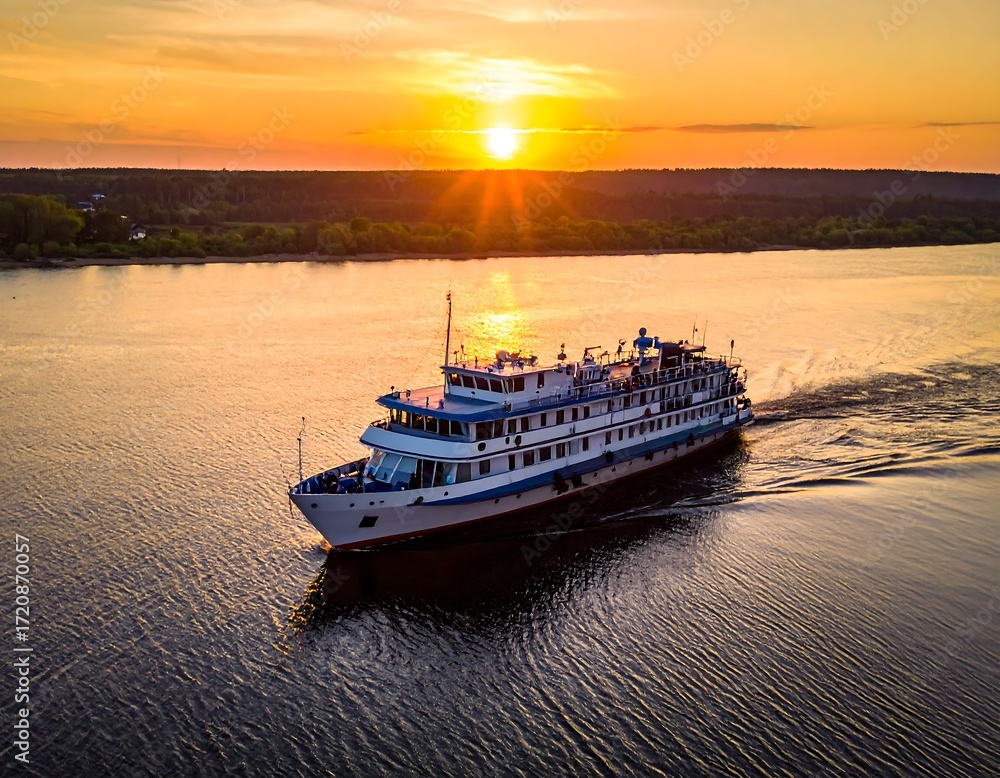Obraz premium River cruise ship at sunset