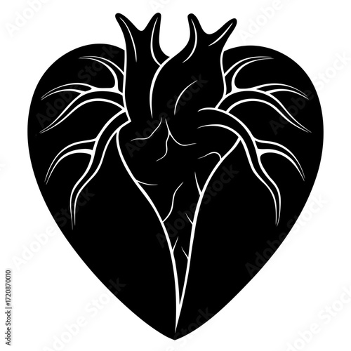 Vector art of abstract black heart shape with internal white branching structures resembling veins or roots, suggesting organic growth and vitality, isolated on a
