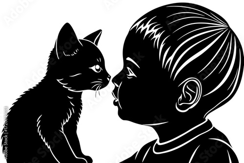 Vector art of closeup black and white illustration of a babys face and a small kitten touching noses, symbolizing innocence and companionship