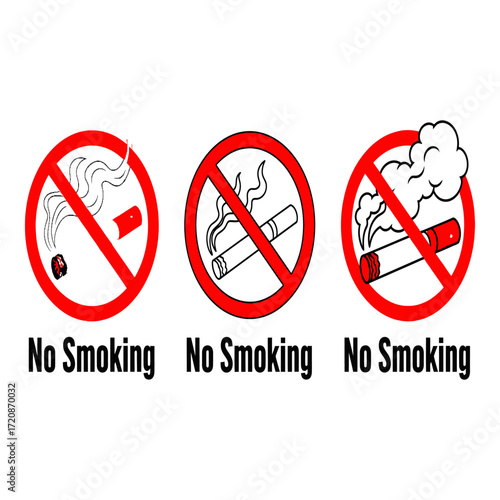 Three distinct no smoking signs with cigarette and smoke symbols prohibiting tobacco use