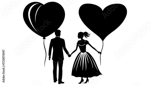Vector art of silhouette couple holding hands with heartshaped balloons, , symbolizing love and romance for valentines day or wedding celebrations