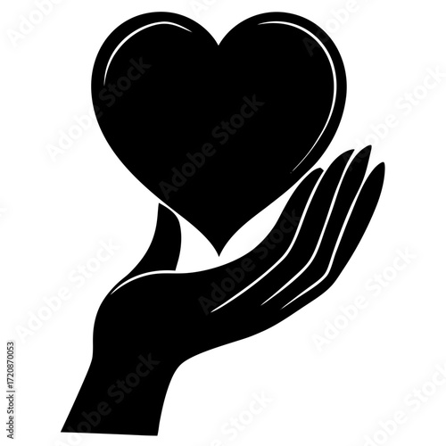 Vector art of black silhouette of a hand gently holding a large heart, symbolizing care, love, support, and protection