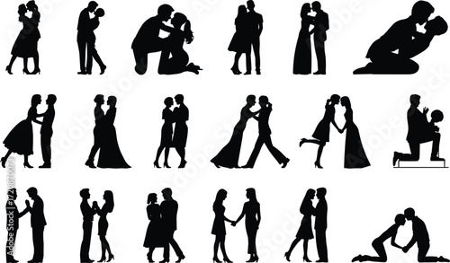 Romantic couple silhouettes in love, kissing, hugging, proposing, holding hands, LGBT love, romantic pose collection, dating scene, affection moments