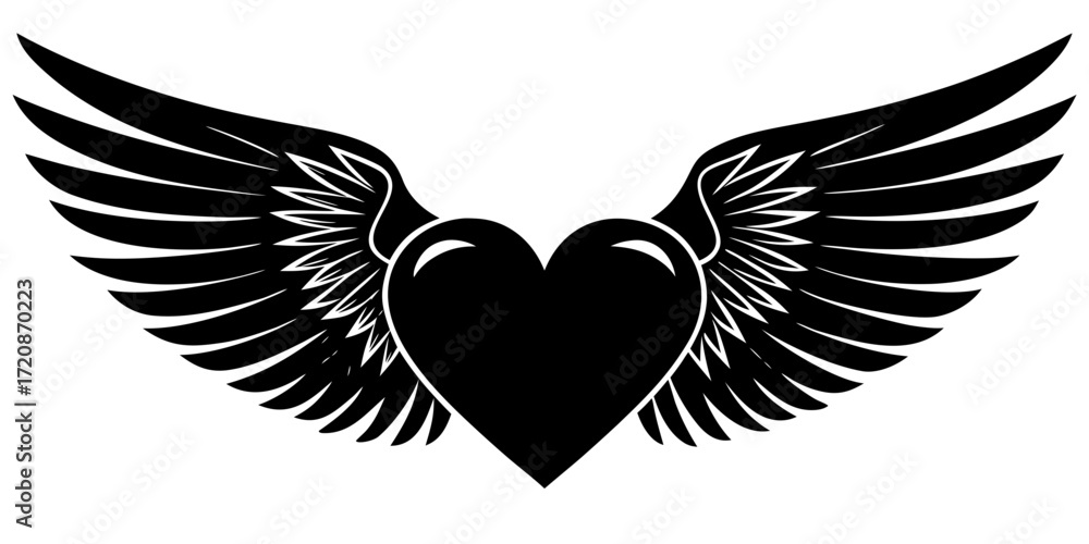 Fototapeta premium Vector art of a black heart with large feathered wings