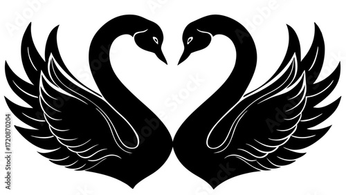Vector art of two black swans forming a heart shape with their necks, elegant silhouette, symbol of love and romance