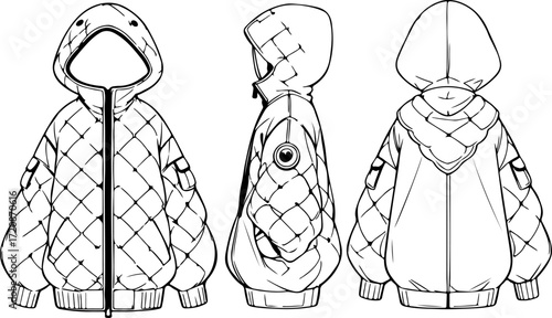 Quilted Hooded Jacket Technical Sketch | Fashion Flat Design Front Side Back Views