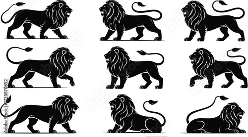 Set of lion silhouette illustrations, majestic lion poses, heraldic lion vector, roaring lion design, walking lion artwork, black lion emblem
