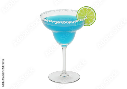 Isolated Blue margarita alcoholic drink in glass with lime garnish and salted rim summer vibes