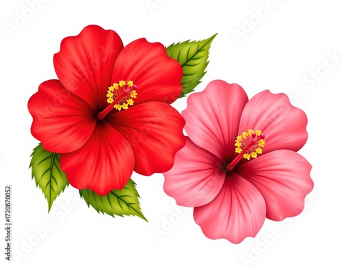 Vibrant Hibiscus Flower with Green Leaves White Background