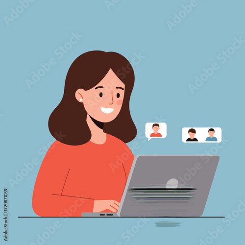 Vector Illustration of Woman Using Laptop with Chat Bubbles in Modern Flat Style
